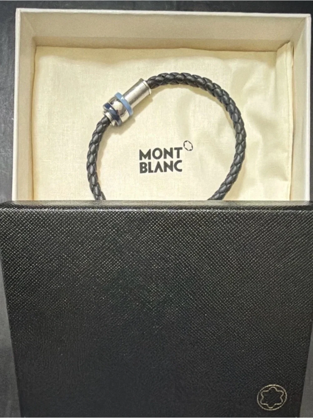 Montblanc 1858 Iced Sea Blue Leather Bracelet, Large (Size 68) Steel – Authentic